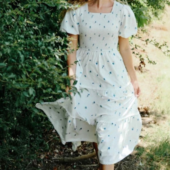 NoliaBae Ivory Lace Smocked Blueberry Print Maxi Dress with Puff Sleeves. - Picture 10 of 12